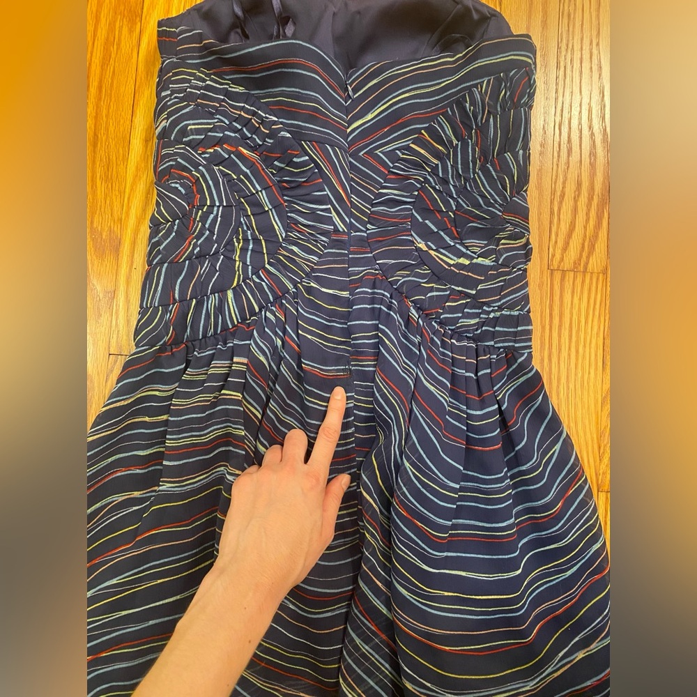 BCBG Strapless Corset Dress with Multicolor Stripes and Diaphanous Draping - Picture 12 of 12